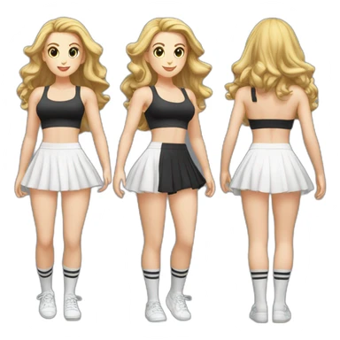 alistic-full-body-caucasian-curvy-beauty-jumping-short black-skirt-back-and-front-views-strong-wind-knickers-long-white-socks sticker