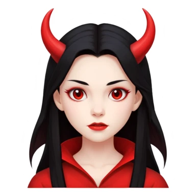 Head only demon girl; face with pronounced cheekbones and angular jaw; skin is uniform pure red (#FF0000) everywhere; long straight smooth black hair; small horns sticker