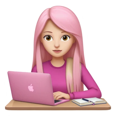 Mujer lacia peli larga y peli larga  en una MacBook rosa investigando y haciendo tareas con un libro de apuntes y con cara muy linda como modelo sticker