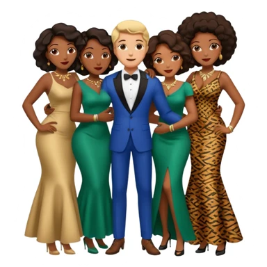 one american italian brunette young man surrounded by three african women with large butts hugging him and each other and grabbing his crotch (emphasis sticker