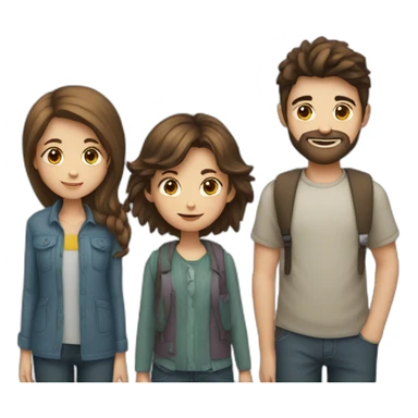 Three friends, a girl with long hair, a boy with short brown hair, a boy with short dark hair and beard sticker
