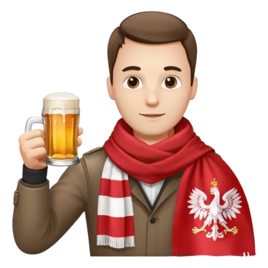 A man wearing a red and white scarf holding a Polish flag in one hand and a beer in the other sticker