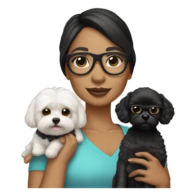 Tan skinned woman with black straight hair and black cat eye glasses holding white MaltiPoo dog sticker