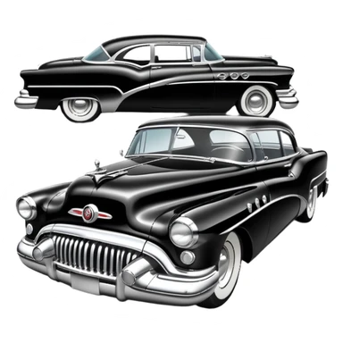 classic hot rod car, 1950s Buick Century influence, black and white colors sticker