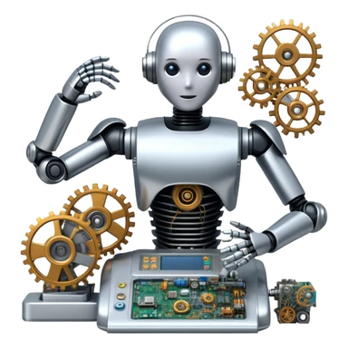 An icon featuring a humanoid robot assembling parts with robotic arms, surrounded by gears, circuit boards, and sensors, symbolizing robotics. The design includes a control panel and AI interface, representing automation, engineering, and innovation. Transparent background. sticker