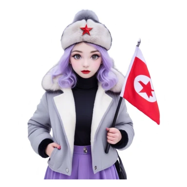 Russian Girl with lavender hair faded black in the bottom + wavy hair
white ushanka +Soviet pin
light grey jacket with light purple fur
grey skirt
dark grey leggings
light grey boots with light purple fur
grey eyes
snow white color skin
holding a Russian flag
is in Moscow Russia sticker
