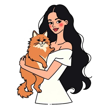 beautiful girl with long black hair wearing a white dress holding an Abyssinian cat with reddish-brown fur in her arms sticker