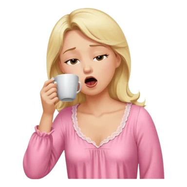 A blonde woman in a pink nightgown yawns, looking sleepy with dark circles under her eyes, drinking coffee, looking like she just woke up sticker