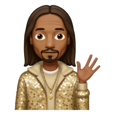 Snoop Dogg with long dark brown hair, beige sequin outfit sticker
