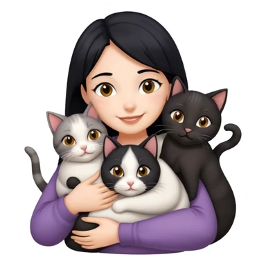 happy girl with black hair hugging three cats  (black cat, gray cat, brown calico cat) sticker