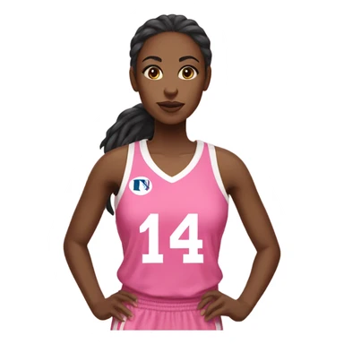 Black women with a white and pink basketball jersey on, wearing number 14 sticker