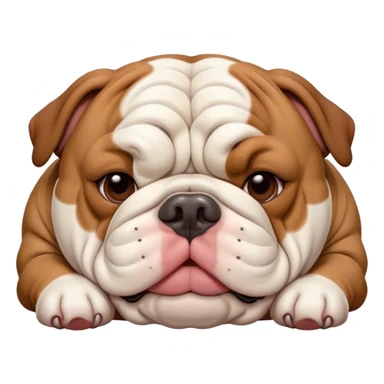 Cinematic Meme-Worthy Chubby Sleeping Brown and White English Bulldog Portrait Emoji, Head resting peacefully with a contented smile, showcasing a delightfully chubby build and a luxuriously soft brown and white coat, eyes shut in a serene nap, Simplified yet hilariously adorable features, highly detailed, glowing with a soft, drowsy light, high shine, relaxed and utterly lovable, stylized with an air of playful laziness, bright and heartwarming, soft glowing outline, capturing the essence of a comically sleepy guardian, so meme-worthy it feels like it could instantly become the next viral sensation of adorable slumber! sticker