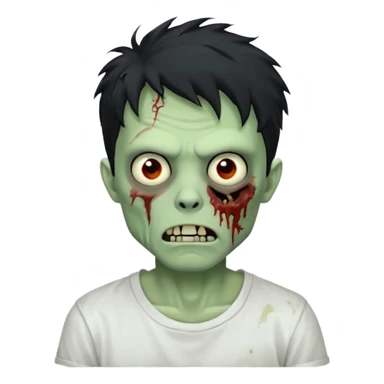 Rosto de frente classico de zombie boca meio torta cabelos medios pretos bagunçados low fade com pele verde clara camiseta branca sticker