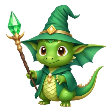 A cute dragon wearing a pointed wizard hat and robes, holding a magic wand sticker
