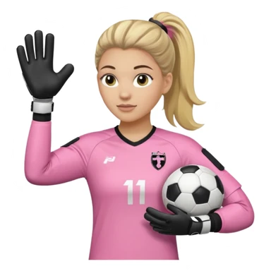 Make a dirty blonde football goalkeeper with goalkeeper gloves on. light skinned and wearing a light pink football kit. Wearing one ponytail on back of head. Make it without the whole body. With full sleeves. No RUGBY BALl.  BLACK AND WHITE BALL.  Holding the ball regularly sticker