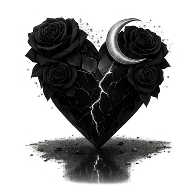 Edit the gothic heart to be formed from splintered deep black glass, silver crescent moon, black roses, sparkling holographic stardust, neon lightning, and a wet, reflective surface. Keep the background transparent. sticker