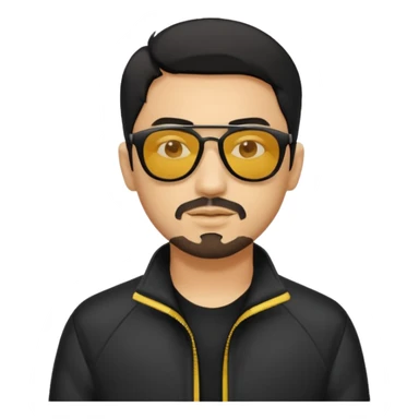 A man with middle part black hair sunglasses with yellowish glasses And black jacket. Goatee short black beard sticker