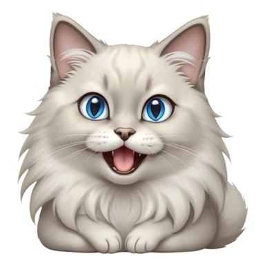 Cinematic Adorable Fluffy Light Grey Mantle Ragdoll Cat Portrait Emoji, Head tilted cutely with big, sparkling blue eyes, soft light grey fur with darker points on the ears, face, and paws, Simplified yet irresistibly adorable features, highly detailed, glowing with a soft, warm glow, high shine, yawning in a peaceful and playful manner, stylized with a touch of whimsy, bright and endearing, soft glowing outline, capturing the essence of a relaxed and loving kitten, so cute it feels like it could leap out of the screen and stretch into a cozy nap! sticker