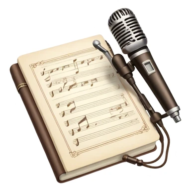Create an emoji representing songwriting. The design should feature an open notebook or sheet music with visible lyrics and musical notes, symbolizing the process of writing song lyrics. A pen or pencil should be placed near the notebook, indicating active writing. Optionally, include a vintage microphone or a quill to add a creative touch. Use a harmonious color palette with warm and neutral tones. Do not include any emojis or smiley faces. Make the background transparent. sticker