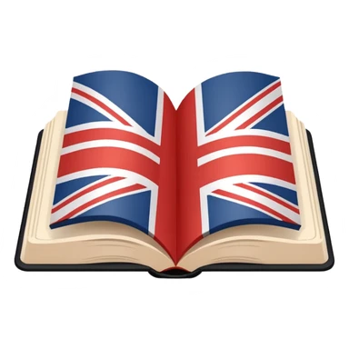 Minimalistic flat vector icon, iOS style, thin black contour on white background. Open book with a small UK/USA flag symbol. No text, no shadows. sticker