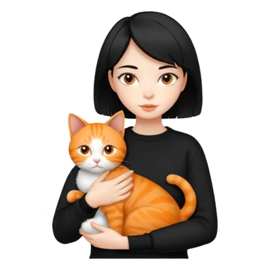 A beautiful girl with short black hair in a black sweater holds a orange cat in her arms sticker