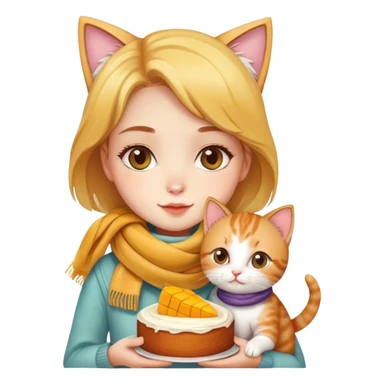 A beautiful girl holding a mango cake and a cute kitten wearing a scarf sticker