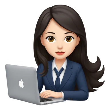 Sales women specialist in shipping with dark long hair with suits and MacBook  sticker
