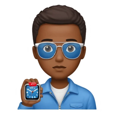 Un garçon noir avec des lunettes de soleil un peu bleu avec un cadran plutôt carré et SANS QU’ON VOIT SES YEUX. Et au dessus de sa tête il y a écrit BOUSS sticker