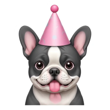 french bulldog with a birthday hat and black and white and grey coloring. please make it emoji style please. also please make the dog have a pink hat sticker