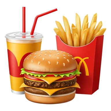 make a Luxe Cheeseburger Meal combo with cold drink inside that a straw and some ice cubes and beside some McDonald's fries box inside some thick fries

 with a angle to 15–20° gentle bird’s-eye angle  sticker