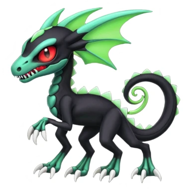 Obsidian-black and neon-glowing-green skeletal Meloetta-Salandit-Gorebyss-Salazzle-Pokémon-Fakémon-creature-fusion-hybrid with glowing crimson-red evil slit eyes sticker