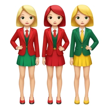 One high school girl in a red blazer and a red skirt, another in a green blazer and a green skirt, and another in a yellow blazer and a yellow skirt. They are all facing to the back and posing. sticker