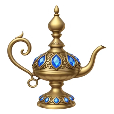 a genie lamp with blue gems and a DD carved sticker