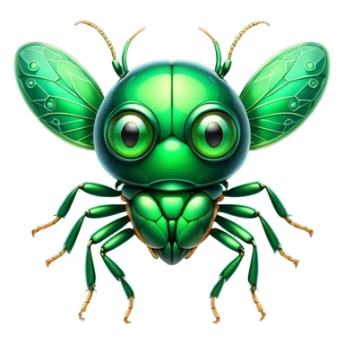 Cinematic Cute Green Bugdie Portrait Emoji, Head tilted playfully and inquisitively, featuring a glossy, vibrant emerald exoskeleton with intricate patterns, round, sparkling multifaceted eyes filled with curiosity, Simplified yet irresistibly adorable features, highly detailed, glowing with a warm, friendly glow, high shine, affectionate and lively, stylized with a touch of whimsy, bright and endearing, soft glowing outline, capturing the essence of a mischievous yet charming bug, so playful it feels like it could buzz out of the screen and into your arms! sticker