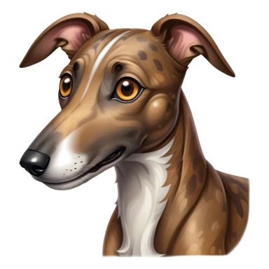 Cinematic Cute Brindle Greyhound Portrait Emoji, Head tilted playfully and inquisitively, featuring a sleek brindle Fur with subtle variations and round, sparkling eyes filled with curiosity, Simplified yet irresistibly adorable features, highly detailed, glowing with a warm, friendly glow, high shine, affectionate and nimble, stylized with a touch of whimsy, bright and endearing, soft glowing outline, capturing the essence of a mischievous yet loving companion, so playful it feels like it could sprint out of the screen and into your arms! sticker