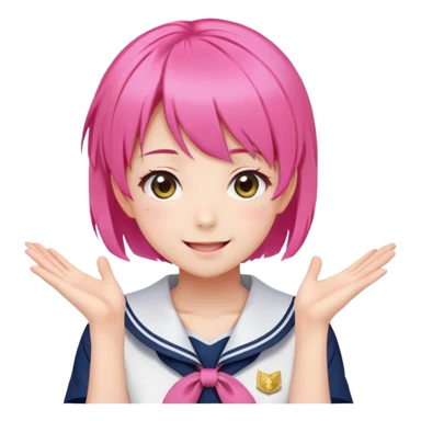 Anime girl with short bright pink hair wearing Japanese sailor style school uniform, composed posture with hand on hip but with excited smile and sparkling eyes, happy expression sticker
