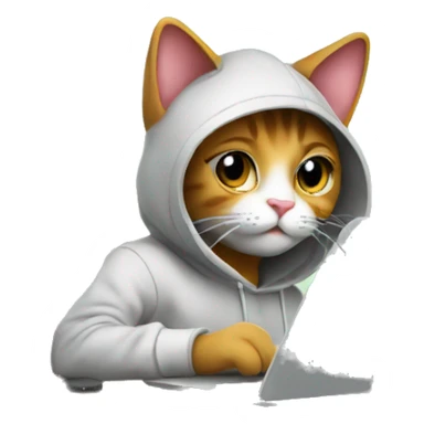 cat is a graphic designer in a hoodie and headphones, working at a computer in photoshop sticker