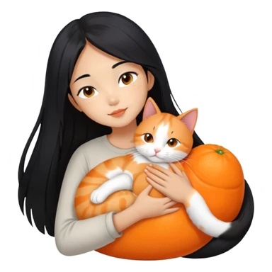 Oriental Asian girl with long black hair snuggling with an orange and white cat, cat is mostly white with orange patches, the girl is holding the cat lovingly sticker