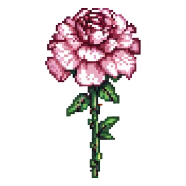 pixel art carnation flower, pink petals, green stem, retro video game style sticker