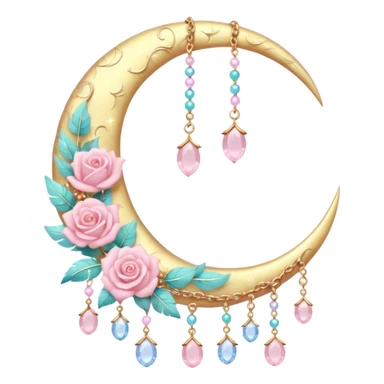 Rosy shiny glossy sparkly romantic pastel crescent damask moon with rose quartz pastel vines pastel gems pastel beads with feathers and chains  sticker