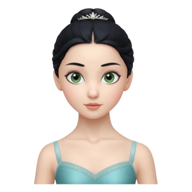 Cinematic Realistic ballerina Medium Blue Portrait, depicted with lifelike skin texture, subtle rosy undertones, and soft natural lighting that enhances the gentle contours of her face. Her intricately detailed sweet black hair is elegantly styled, green eyes sticker