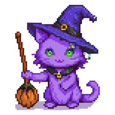 purple witch cat with a broom sticker