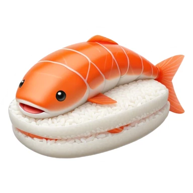 Cute Kawaii Nigiri Sushi, plump and happy, a soft white rice pillow topped with bright orange salmon, tiny blushing cheeks, big round eyes, a joyful floating expression! sticker