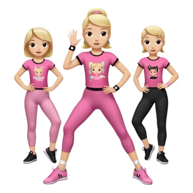 Hiphop dancer, with cute big pants, sneakers, and t-shirt. White girl blond. Coloufull shirt. No pocket pants. Dancing. Pink and black plain outfit. No sweatbands on the wrist, black music box behind her. Ballerina pose. with dancing kids behind her. With a music box sticker
