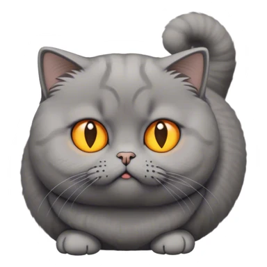 The photo shows a cat with a dense physique, short plush gray wool. His tail is fluffy and slightly darker than the rest of the wool. The cat has large round eyes of rich yellow-orange color, which give it an expressive and slightly surprised look. The ears are small and curved forward - this is a characteristic feature of the Scottish lop-eared breed. This cat looks at emojis condemningly sticker