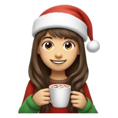 Smiling girl with long brown hair wispy bangs wearing a Santa hat and holding hot chocolate  sticker