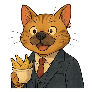 ghibli style cat with a dog nose, wearing a suit, earring, holding a cup of bananas, playful expression sticker