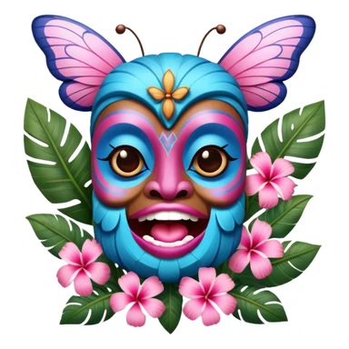 Pixar style little Blue and pink tiki singing with a butterfly and tropical flowers, ultra detailed and lifelike imagery, realistic sticker