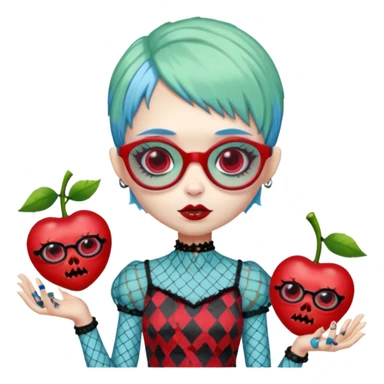 Ghoulia yelps monster high doll in scene/emo style cherry print dress with fishnet sleeves, clothes, thin, small, red, rectangle glasses, pale white-blue skin, pale-green pixie-cut, zombie scars , boy sticker