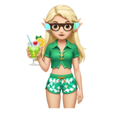 elf female legolas portrait, patterned board shorts (geometric/abstract), unique wooden-framed sunglasses, undercut hairstyle, slight smirk, visible pointy ears, no background, centered emoji, hipster summer vibe coctails sticker